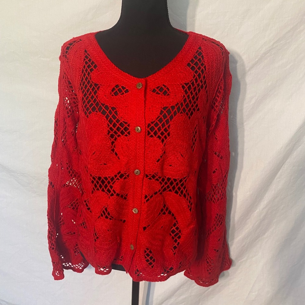 Ultra Pink Women Red Crochet Open Knit Button Front Cardigan Sweater XL New